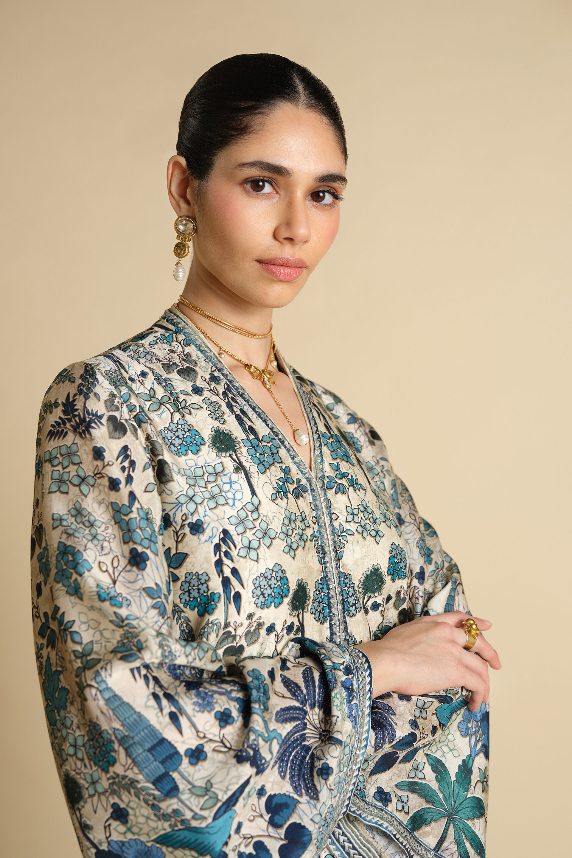 Avis Printed Silk Jacket Set - Beige, Beige, image 5